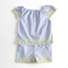 Kép 1/2 - Nutmeg kék-fehér csíkos madeira playsuit 5-6 éves kislányoknak, 116-os