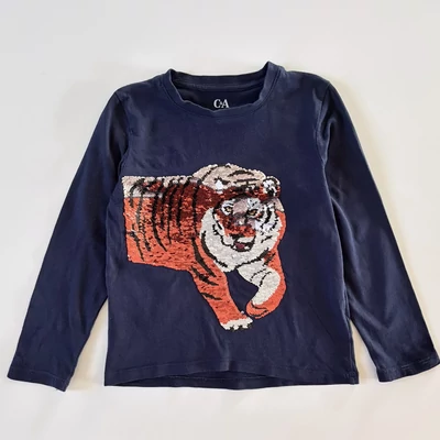 110-es C&amp;A sötétkék flitteres tigrises kisfiú hosszú ujjú felső