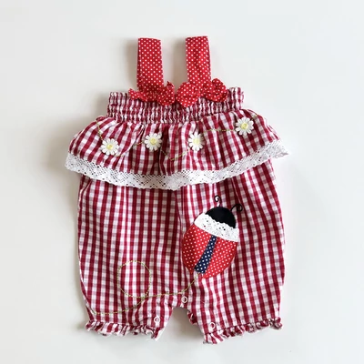 Kockás pamutvászon kislány playsuit hímzett katicával – 80