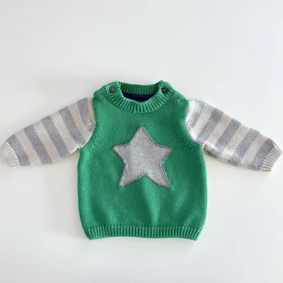 68-as pamut zöld csillagmintás vastag kötött pulóver kisfiúnak – Baby Boden, 3–6 hónap