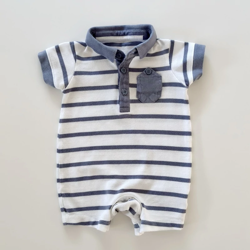 Mothercare csíkos galléros pamut kisfiú napozó – 62-es, használt babaruha