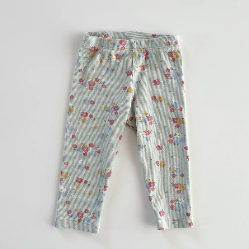 Bordázott virágmintás halvány zsályazöld pamut kislány leggings – Matalan, 86-os méret