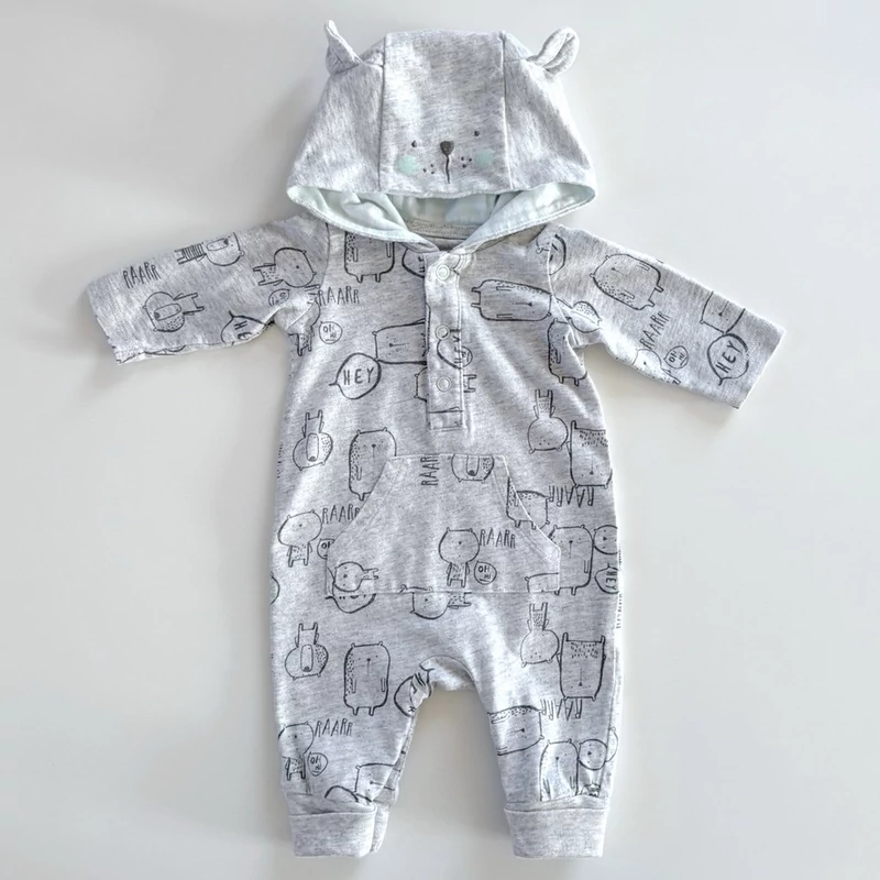 50-es Mothercare pamut szürke mintás kapucnis overall kisfiúnak