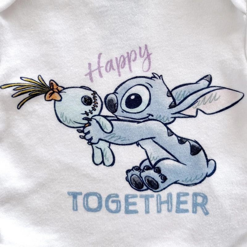 56-os Lilo és Stitch mintás fehér pamut body unisex babáknak