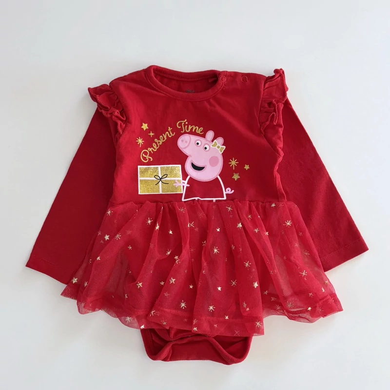 80-as Peppa malac karácsonyi tüllszoknyás body fodros ujjakkal kislánynak