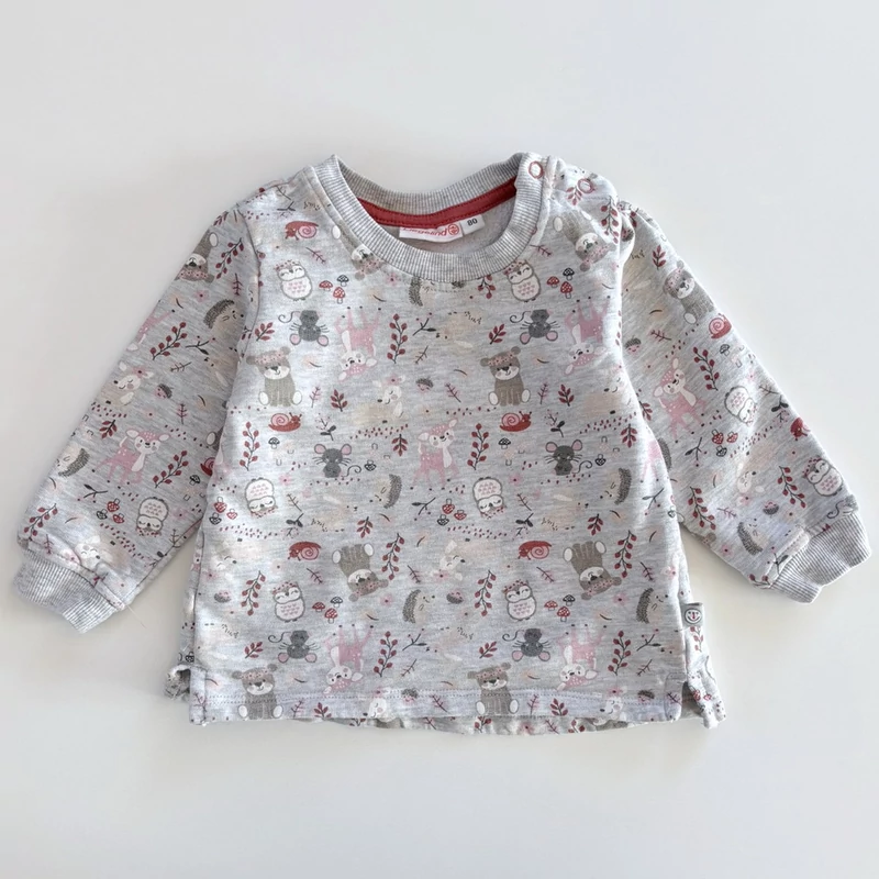 80-as szürke woodland mintás pulóver kislánynak – Liegelind, 9–12 hónap