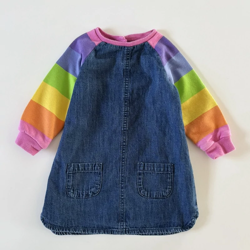 86-os Next farmer pulóver ruha színes csíkos ujjakkal kislánynak, 100% pamut