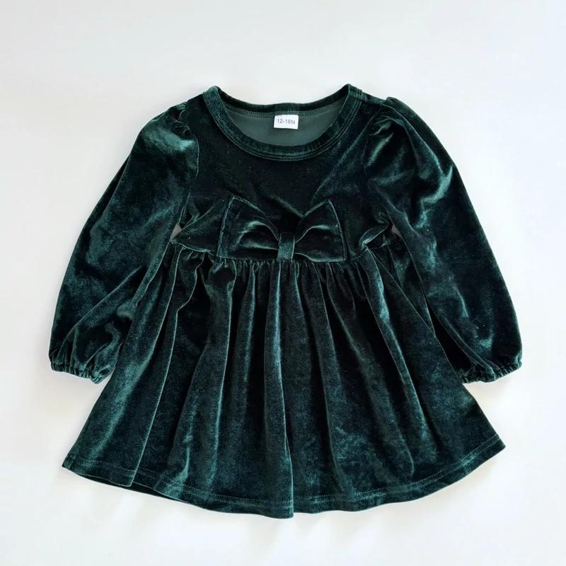 86-os sötétzöld tükörbársony karácsonyi ruha masnival kislánynak