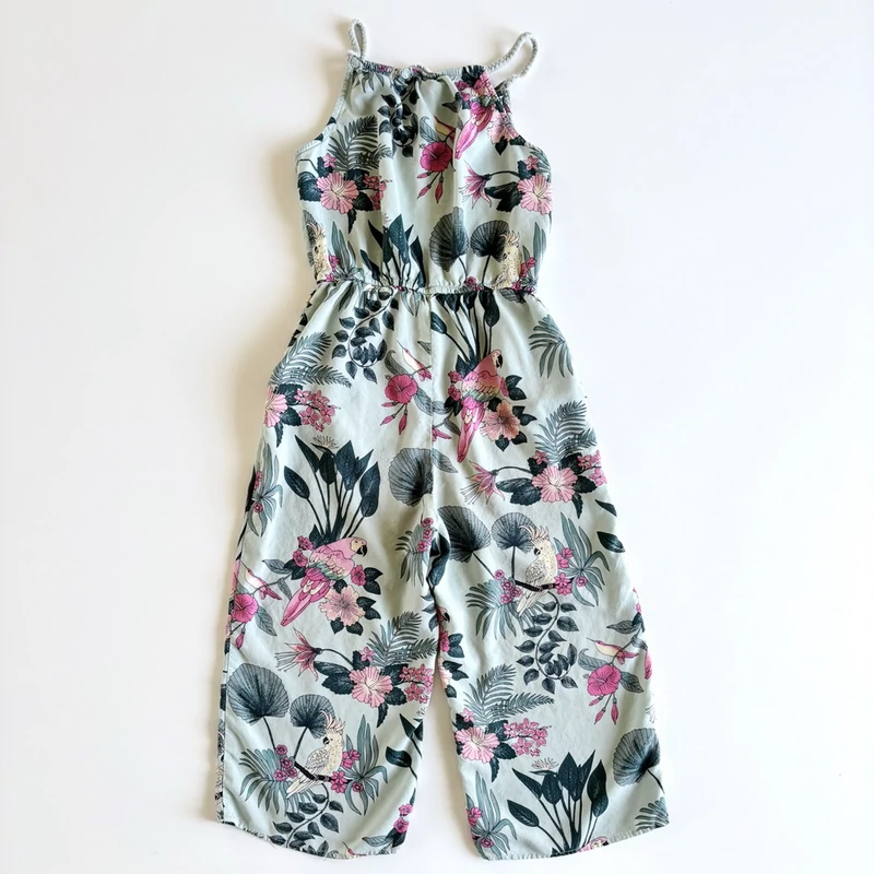 Virágos, papagájos mintás nyári lány jumpsuit pántos fazonban, H&amp;M, 140-es méret