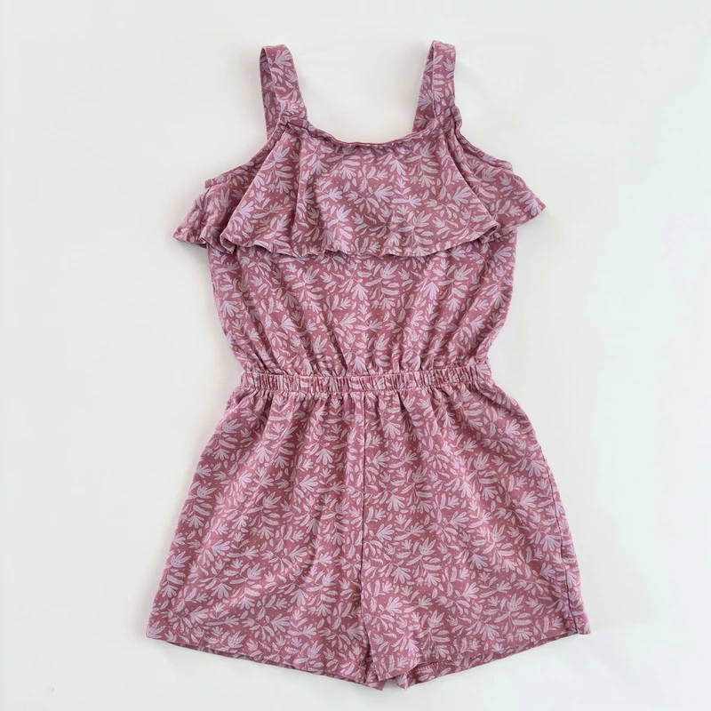Mályva fodros pamut kislány playsuit levélmintával – TU, 134