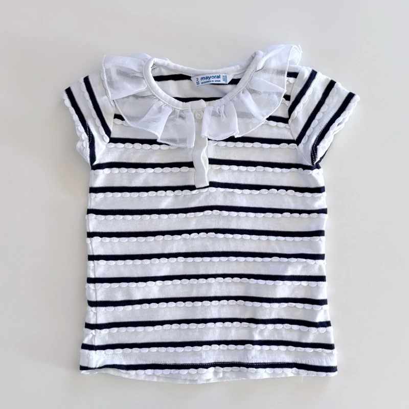 92-es pamut tüll galléros csíkos rövid ujjú felső kislánynak – Mayoral, 2 év