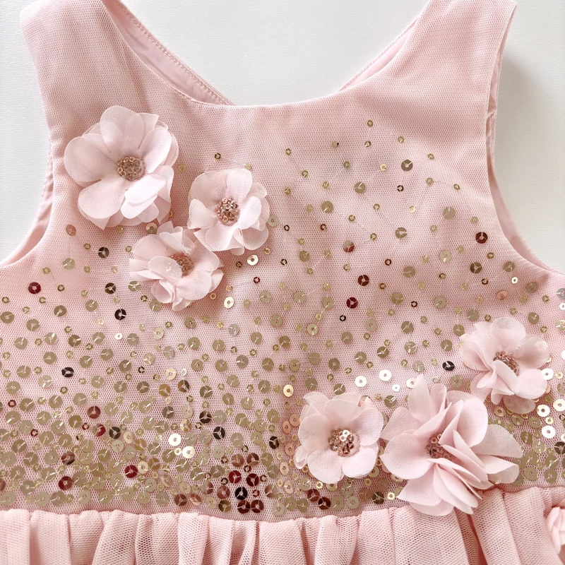 H&amp;M rózsaszín flitteres tüll ruha virágdíszítéssel – 98-as, 2–3 év