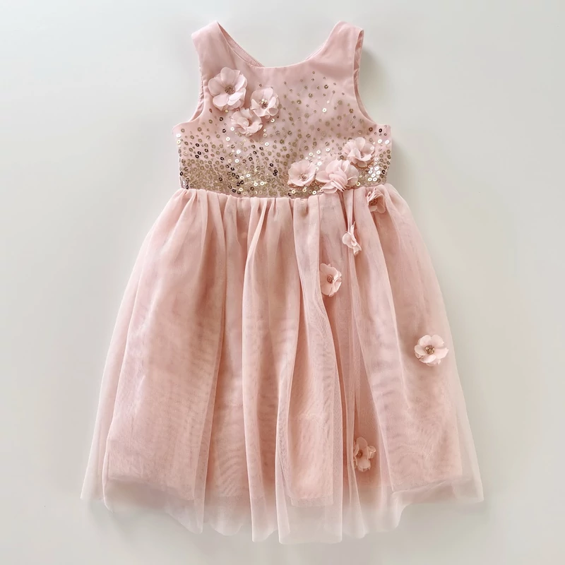 H&amp;M rózsaszín flitteres tüll ruha virágdíszítéssel – 98-as, 2–3 év