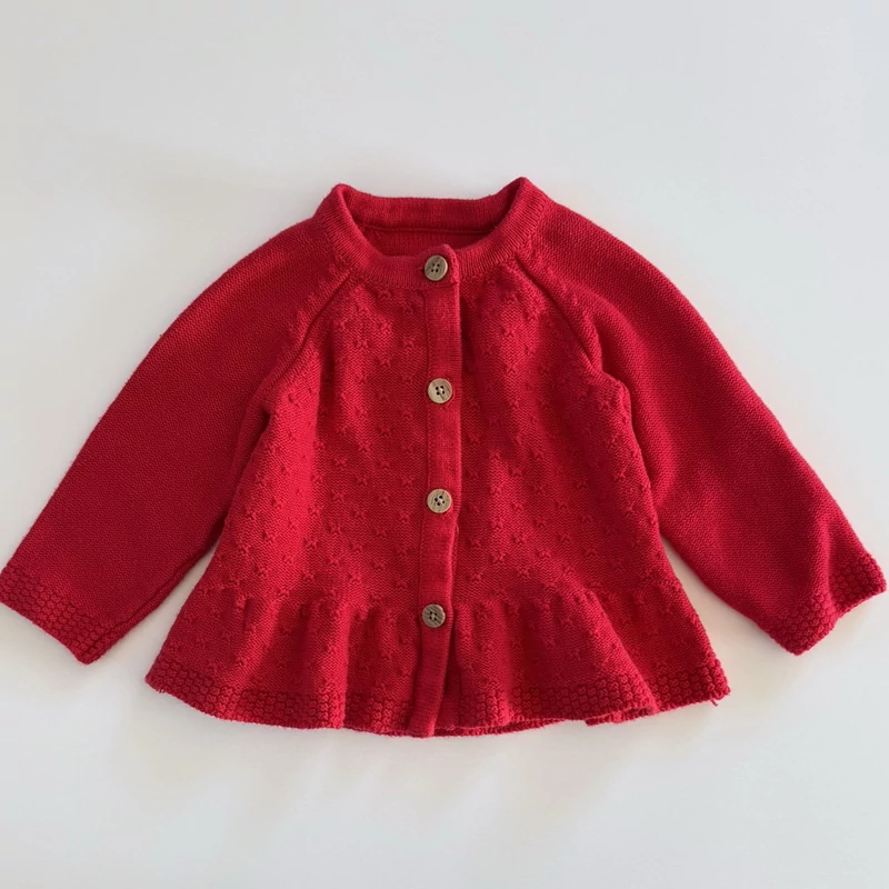 68-as pamut piros vastagabb kötött kardigán kislánynak – Nutmeg, 3–6 hónap